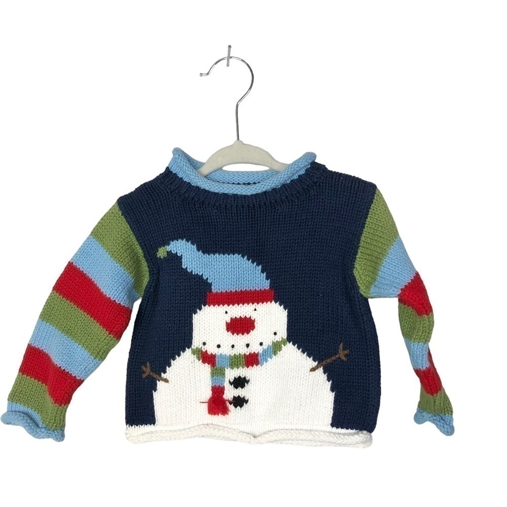 Mulberribush Blue Snowman Stripe Hand Crafted Crewneck‎ Sweater 3-6M